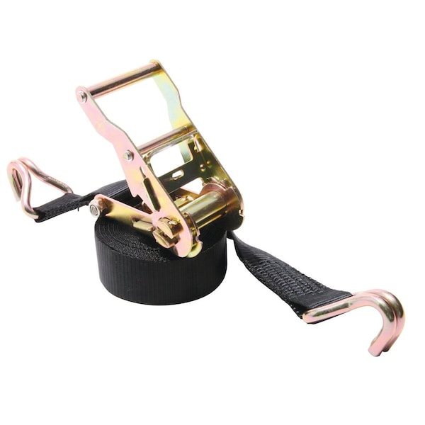 15' X 1 1/2" Ratchet, Zinc, Black Webbing, Double J Hooks 7" x3" x3.5"